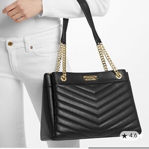 MICHAEL Michael Kors Whitney Black Quilted Gold Chain-Handle Shoulder Tote